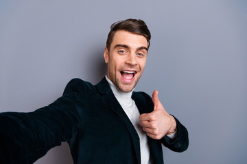 Self-portrait of his he nice cute attractive bearded cheerful cheery guy wearing velveteen blazer...