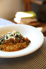 spaghetti Bolognese with minced beef and tomato sauce garnished with parmesan cheese and basil , Italian food