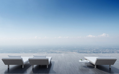 Fototapeta premium View of daybed with side table and wood terrace on city background. 3D rendering