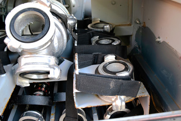 fire water collector and fire adapters located in the mountings in a fire vehicle compartment. Adapter device for fire service with running water.