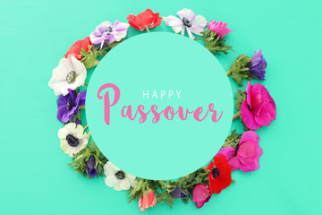 Pesah celebration concept (jewish Passover holiday). Top view, Flat lay