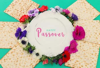 Pesah celebration concept (jewish Passover holiday). Top view, Flat lay