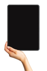 Mock up of black tablet and women's hand, concept of mobile shopping