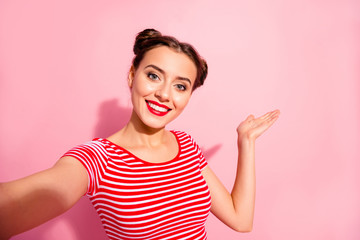 Self-portrait of her she nice cute shine attractive glamorous winsome lovely cheerful girl wearing...