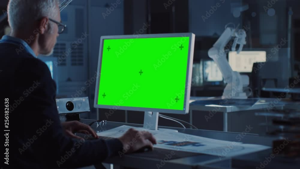 Poster professional heavy industry engineer works on green mock-up screen computer. engineering bureau and 