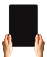 Women's hand showing black tablet, concept of taking photo or selfie