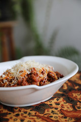 Spaghetti bolognese , Spaghetti with tomato sauce top with cheese , Italian Food
