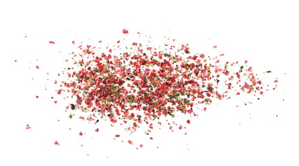 Obraz premium Colorful ground pepper grains isolated on white background, top view