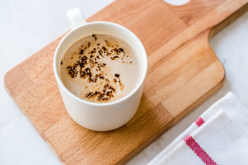 Mushroom Latte Coffee with Milk and Espresso on Wooden Board Ready to Drink.