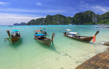 Beautiful view,seascape,boat on mountain background,South Thailand Sea in Krabi province,Andaman,Thailand