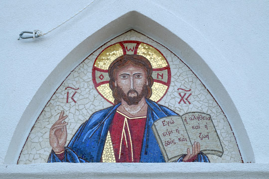 Christ Pantocrator, mosic above the entrance of the church of St. Anthony in Novigrad, Croatia