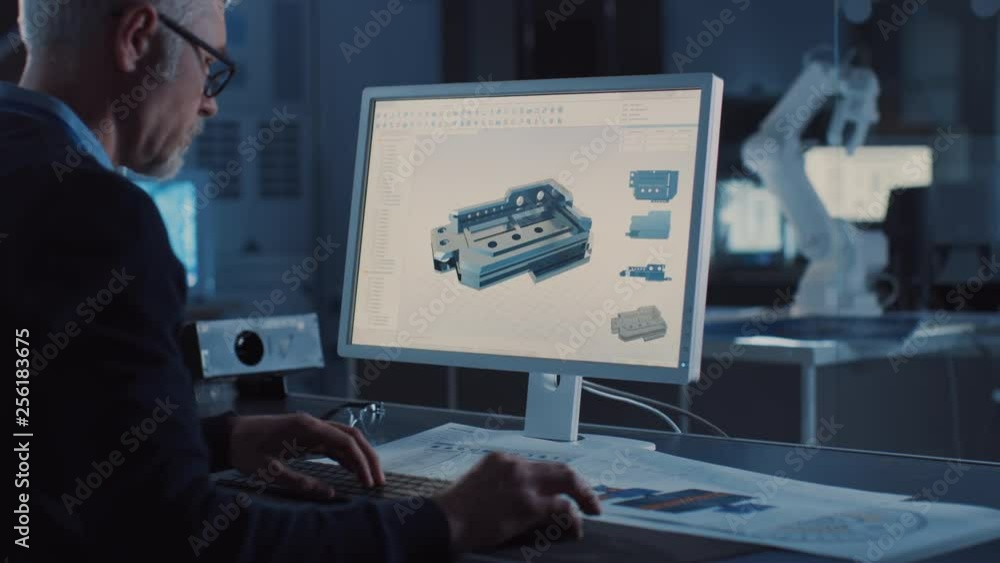 Poster Engineer Works on Computer Uses CAD Software to Design 3D Industrial Machinery Component. In the Background Robot Arm Concept Standing in Heavy Industry Engineering Facility. Over the Shoulder Shot