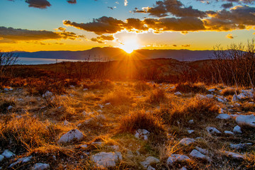 Fototapeta na wymiar Sunset at Rijeka, Croatia, close up rocks and grass, and sun, clouds and mountains, sea at background with golden colors all over it.