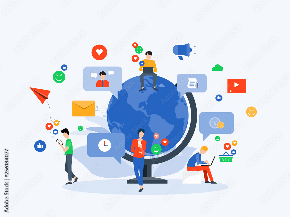 Aufkleber flat vector illustration social media and digital marketing online connection concept with business 