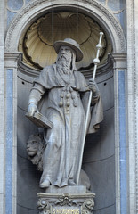 Saint Jerome statue on the facade of St. Stephen`s Basilica in Budapest, Hungary