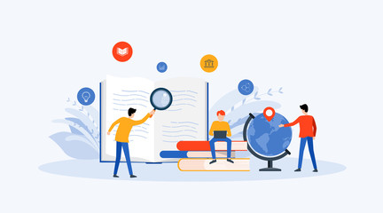flat Vector illustration  technology business research , learning and online education concept with people business team working concept