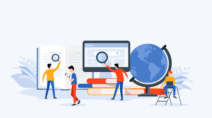 flat Vector illustration  technology business research , learning and online education concept with people business team working concept