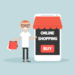 Mobile online shopping.Young character with shopping bags.Flat cartoon design.Clip art