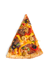 piece of colorful vegetable, mushroom and pepperoni pizza on white background