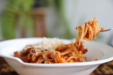 Spaghetti bolognese , Spaghetti with tomato sauce top with cheese , Italian Food