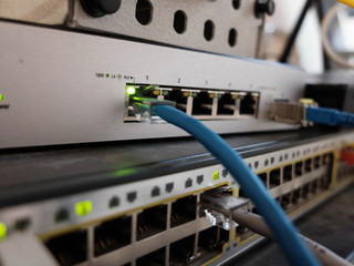 Ethernet network cables connected to data center server