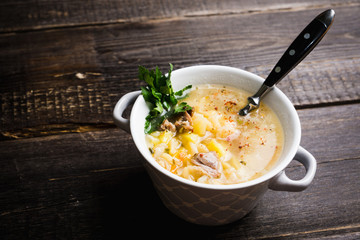 Fat meat soup with lamb based broth, chickpea and potatoes. Selective focus.