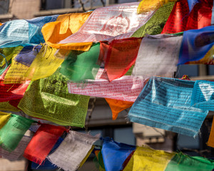 Buddhist Prayer Flags in Bogardus Garden, Tribeca, New York, USA