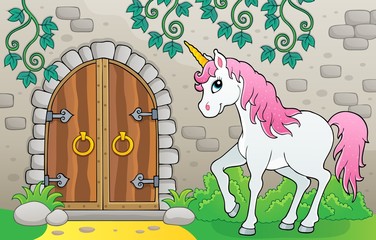 Unicorn by old door theme image 1