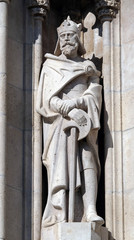 Obraz premium Statue of Saint from portal of the church of St. Matthew near the fisherman bastion in Budapest, Hungary