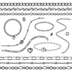 Set - women's fashion. Bracelets, beads, chains, pendants, ring, beads. Contour, black and white. Chains are endless, seamless pattern brushes. Vector.