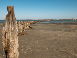 wooden bollards in the sand against the estuary and blue sky. kuyalnitsky estuary