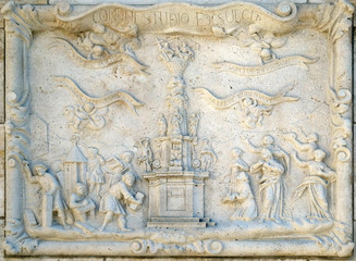 Relief of a votive memorial construction at Holy Trinity plague column in front of Matthias Church in Budapest, Hungary