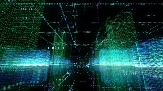 Digital binary code background, abstract virtual city binary computer code with technology and connection concept. Scanning city for hackers attack concept. 