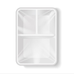 Vector realistic plastic Food Tray with three cells. 3d empty lunch box. Vector template for design, presentation, advertising, promo. EPS 10. Top view.
