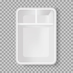 Vector realistic plastic Food Tray with three cells. 3d empty lunch box on transparent background. Vector template for noodles, sushi, Lunches, food in airplanes, etc. EPS 10. Top view.
