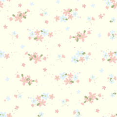 Seamless floral pattern with small cute flowers on light beige background. Spring light airy texture for Wallpaper, interior, tiles, textiles, scrapbooking, packaging and various types of design. 