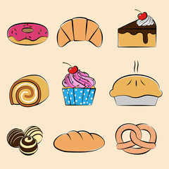 Pastries and desserts collection set, Hand-drawn style, Vector illustration 
