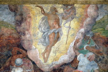 Resurrection of Christ, the facade of the Mazzanti House decorated with frescoes in Verona, Italy