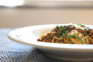 spaghetti Bolognese with minced beef and tomato sauce garnished with parmesan cheese and basil , Italian food