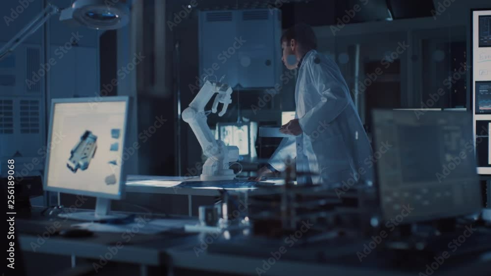 Aufkleber Professional Heavy Industry Robotics Engineer Wearing White Coat Holding Tablet Computer Walks Through Laboratory. Facility Full of Computers, Various Industrial Design Components and with Robotic Arm