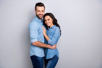 Portraite of attractive beatiful soulmates showing their passion satisfied wearing denim shirts...