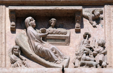 Birth of Jesus, relief on Facade of Sant`Anastasia Church in Verona, Italy