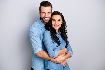 Joyful family. Portrait of isolated cute recently married people pregnant waiting for baby in warm...