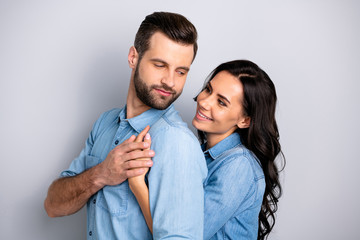 Love forever Portrait of handsome casual candid joyful spouses isolated touching flirting looking...