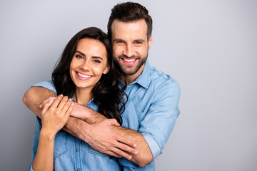 Portrait of cute adorable romantic fellows tender bonding best friends real soulmates enjoying each...