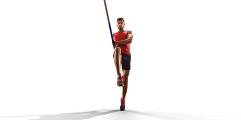 Isolated Young male pole vault athlete with pole bar. Men in sport clothes on white background