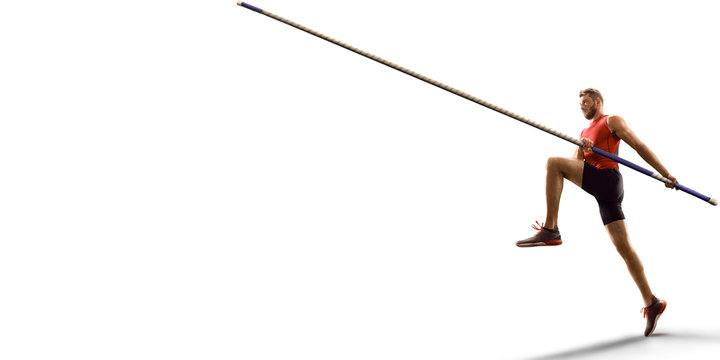 Isolated Young male pole vault athlete with pole bar. Men in sport clothes on white background