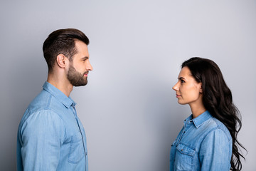 Profile side view photo of confident inspired isolated person people having talk speaking dialogue...
