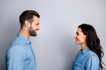 Lets talk. Profile side photo of cute positive beautiful students fellows staring speaking telling...