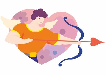 Cute Funny Cupid Aiming with Bow and Arrow of Love, Happy Valentine Day Symbol. Vector Illustration, design for poster, wedding, love.